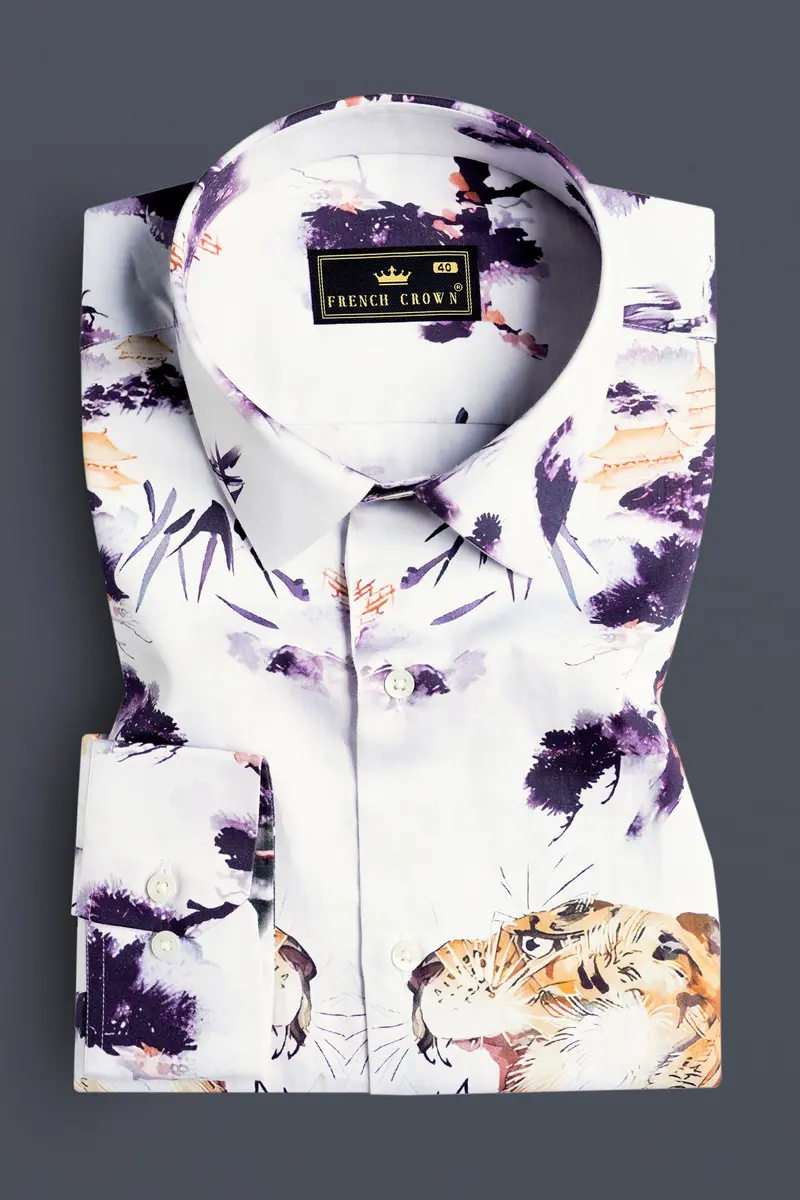 Bright White With Regalia Purple And Tangerine Orange Tigers And Trees Printed Subtle Sheen Super Soft Premium Cotton Designer Shirt 5