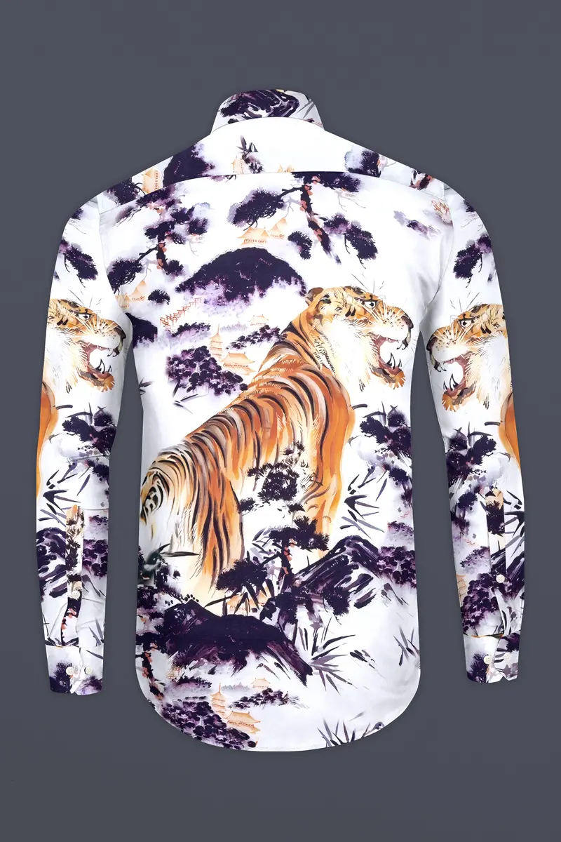 Bright White With Regalia Purple And Tangerine Orange Tigers And Trees Printed Subtle Sheen Super Soft Premium Cotton Designer Shirt 6