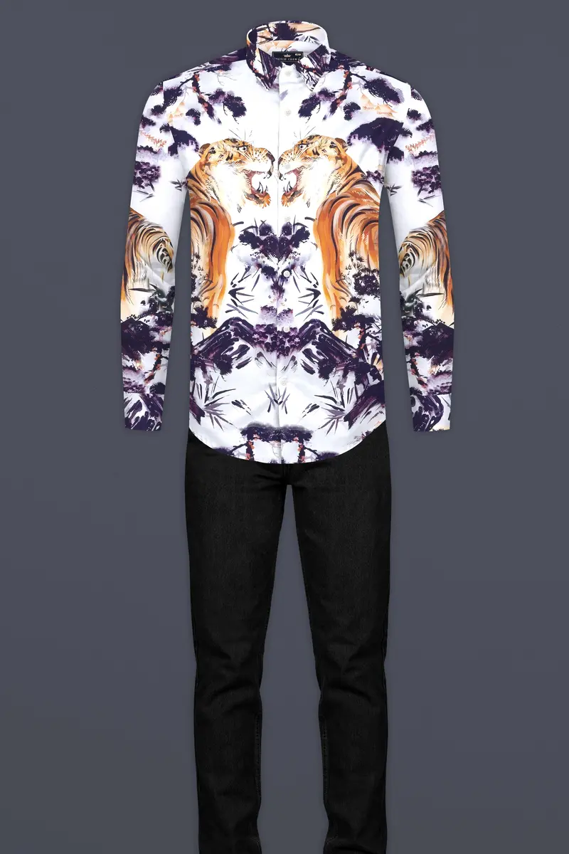 Bright White With Regalia Purple And Tangerine Orange Tigers And Trees Printed Subtle Sheen Super Soft Premium Cotton Designer Shirt 7
