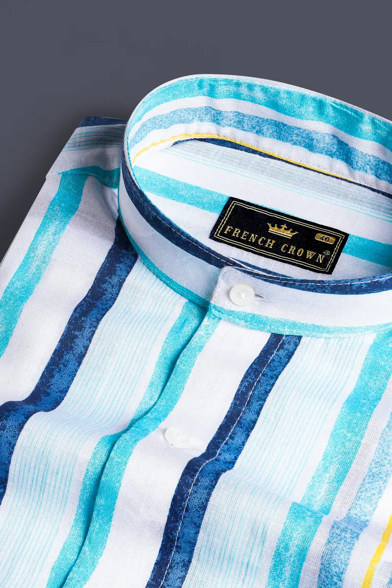 Bright White With Rhino Blue And Blizzard Blue Striped Premium Cotton Shirt 1