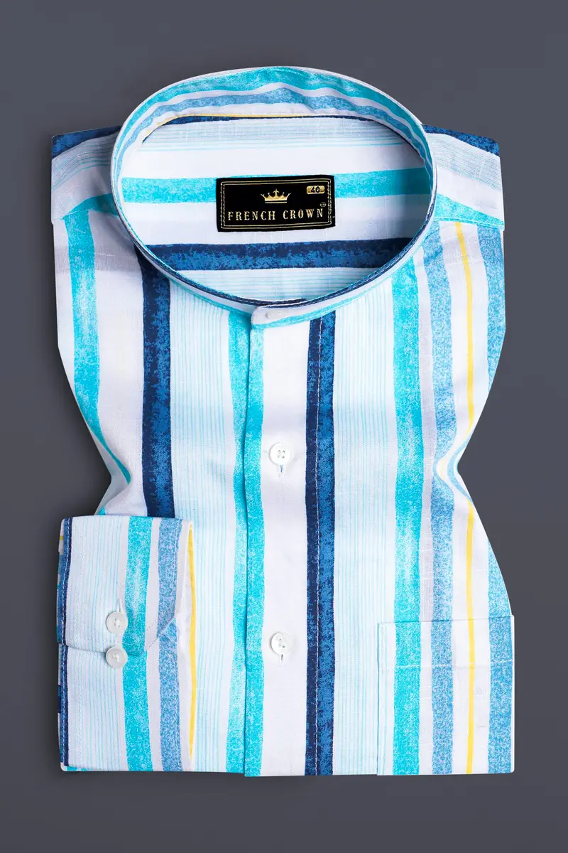 Bright White With Rhino Blue And Blizzard Blue Striped Premium Cotton Shirt 3