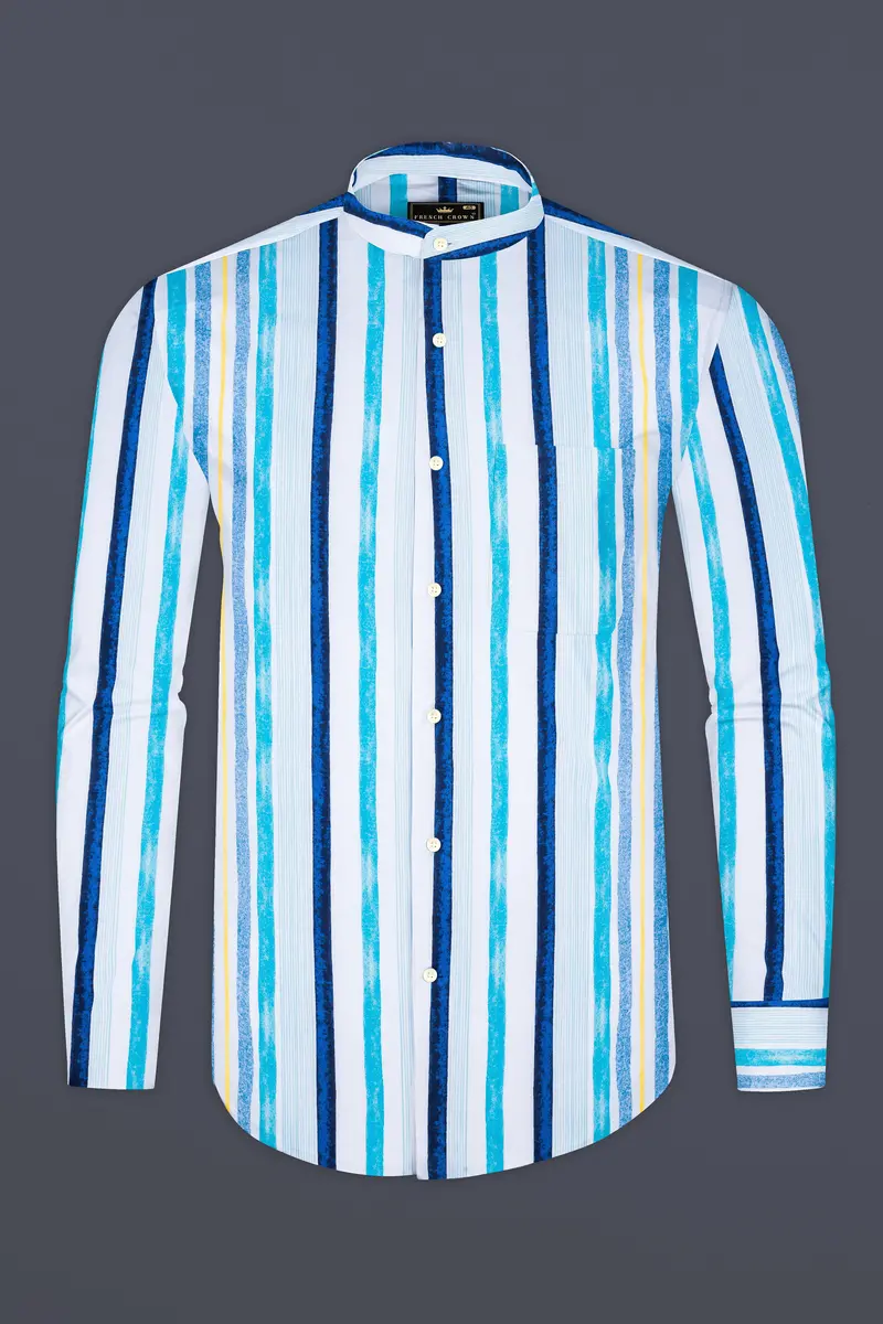 Bright White With Rhino Blue And Blizzard Blue Striped Premium Cotton Shirt 4