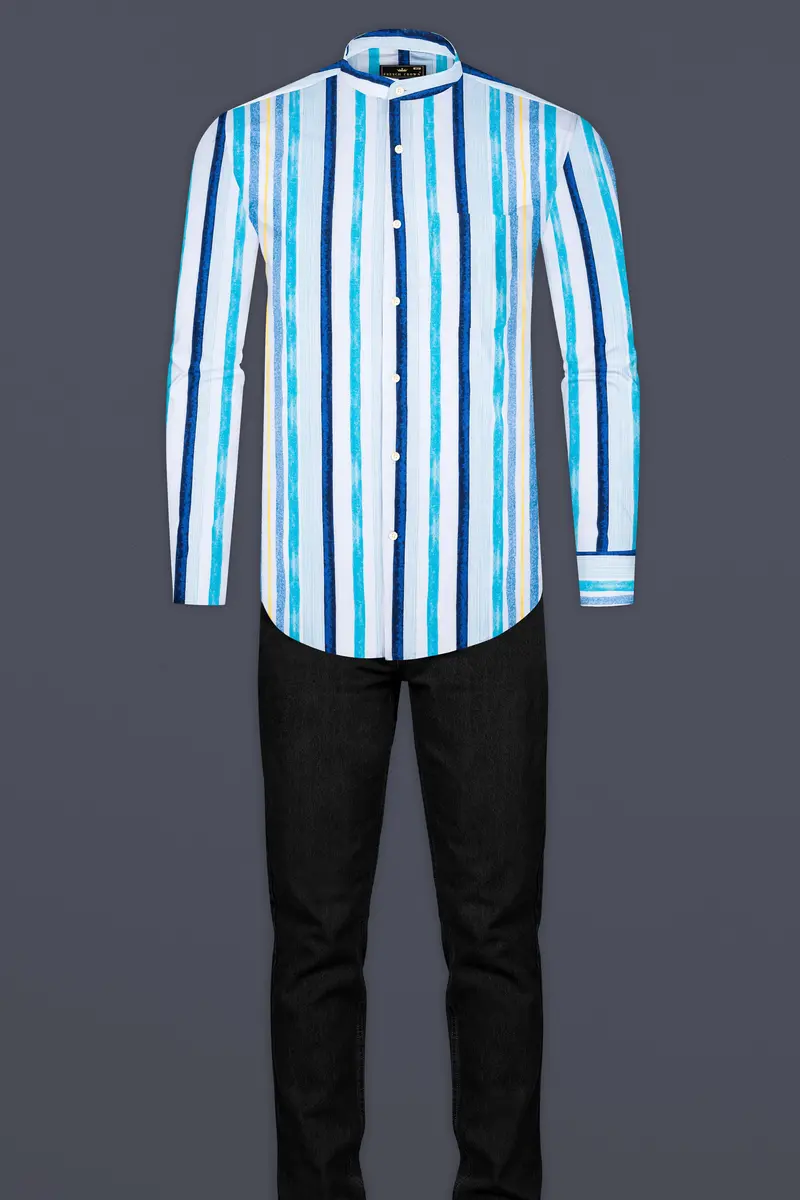 Bright White With Rhino Blue And Blizzard Blue Striped Premium Cotton Shirt 6