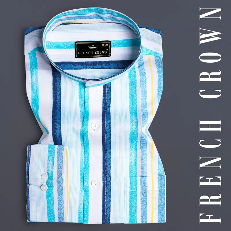 Bright White With Rhino Blue And Blizzard Blue Striped Premium Cotton Shirt 7