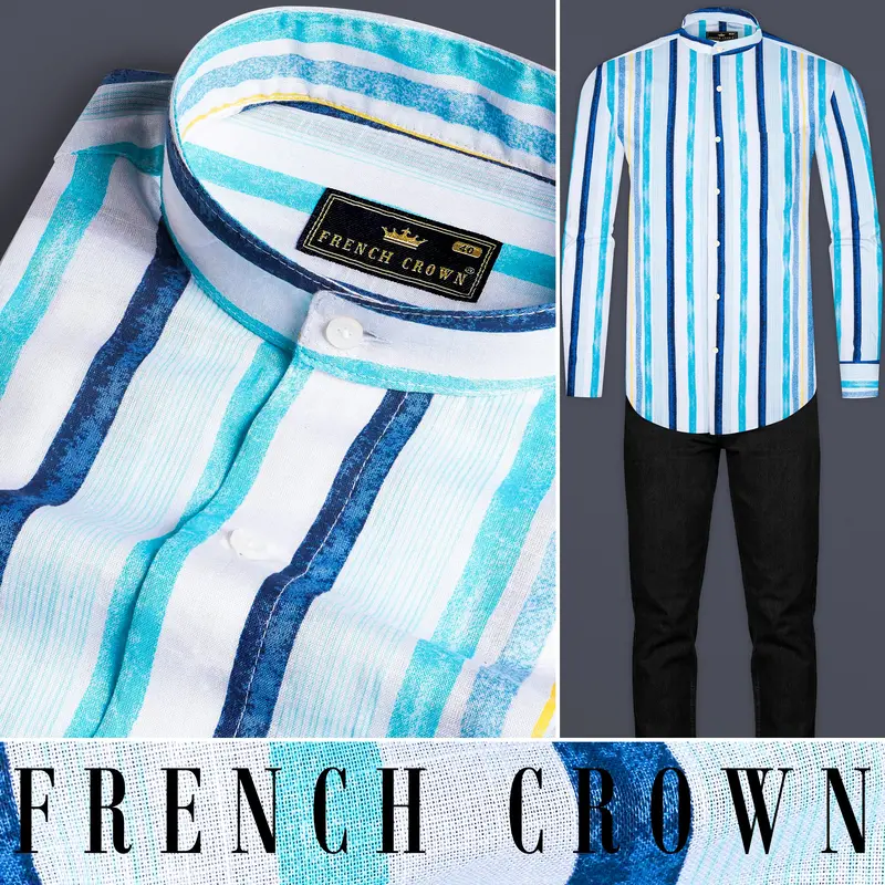 Bright White With Rhino Blue And Blizzard Blue Striped Premium Cotton Shirt 8