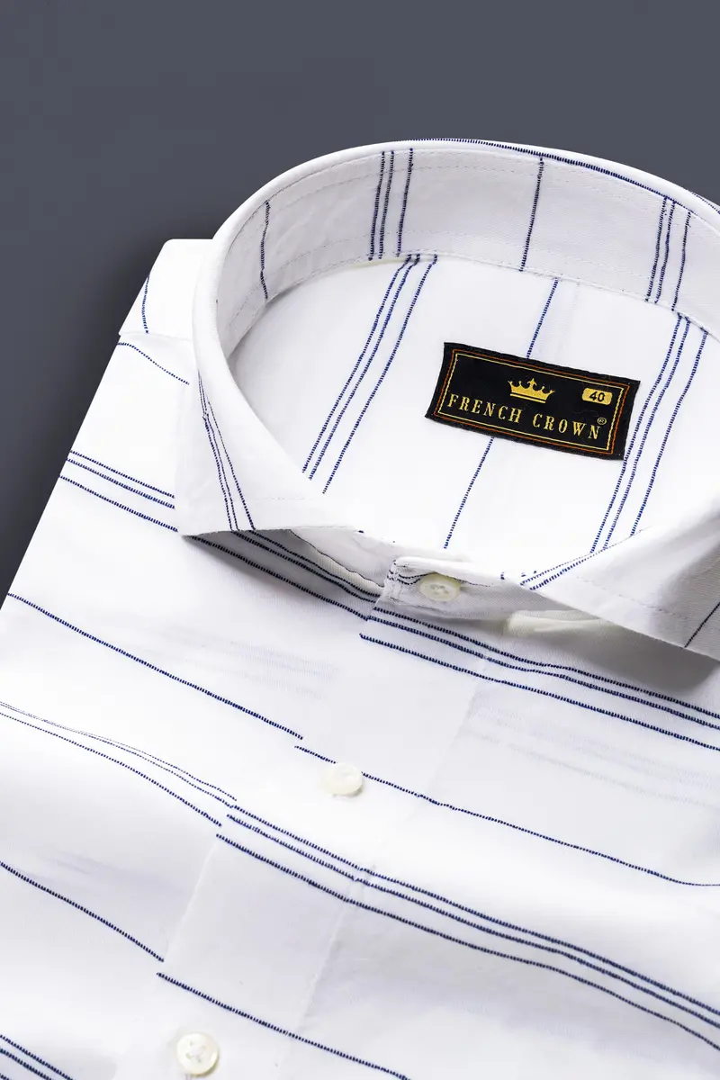 Bright White With Rhino Blue Striped Dobby Textured Premium Giza Cotton Shirt 1