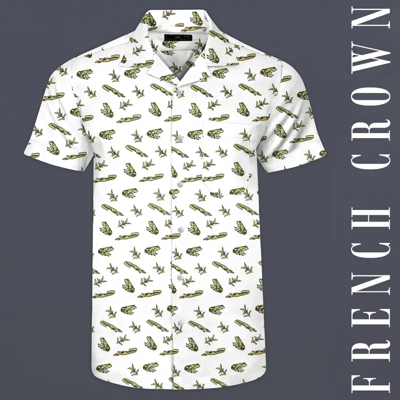 Bright White With Sage Green Frogs And Crocodiles Printed Poplin Cotton Shirt 1