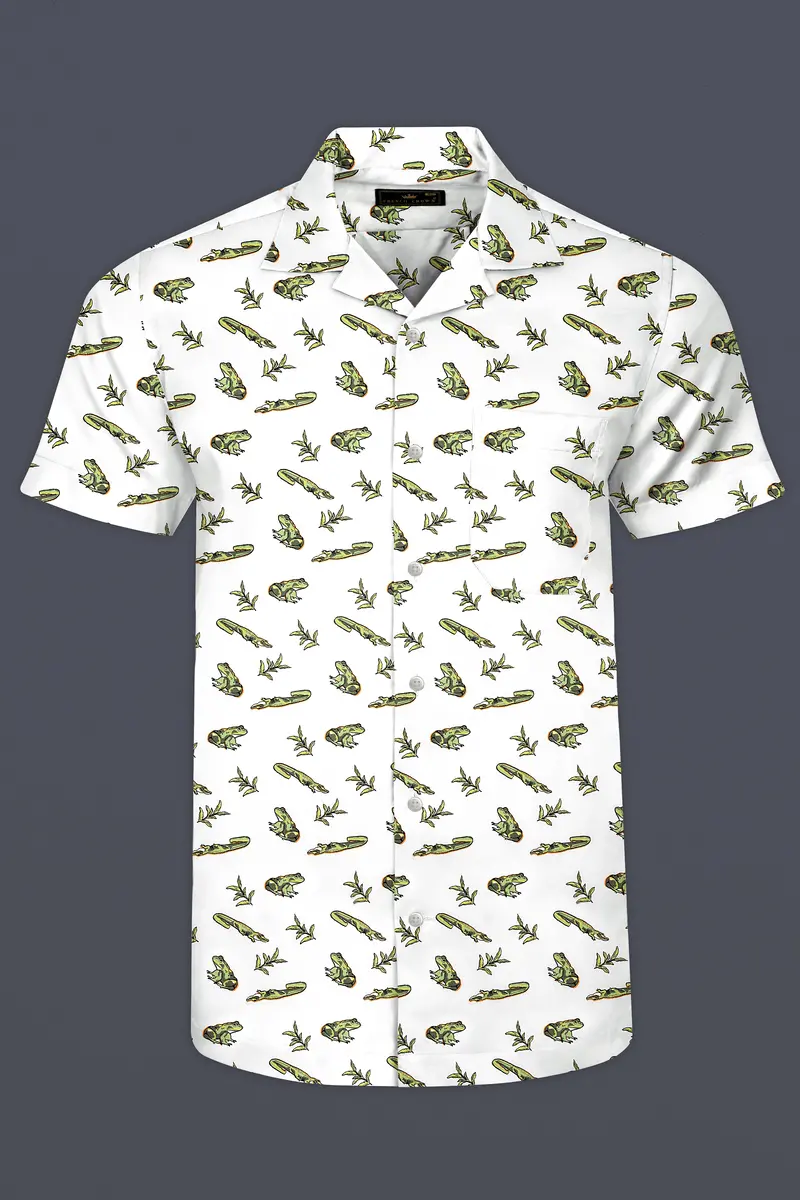 Bright White With Sage Green Frogs And Crocodiles Printed Poplin Cotton Shirt 2