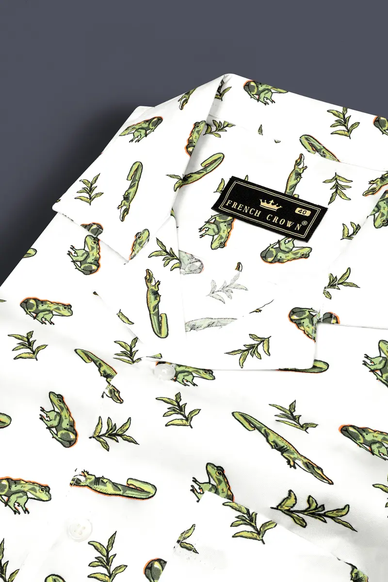 Bright White With Sage Green Frogs And Crocodiles Printed Poplin Cotton Shirt 4