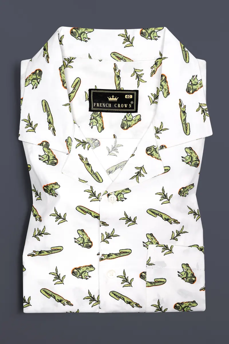 Bright White With Sage Green Frogs And Crocodiles Printed Poplin Cotton Shirt 5