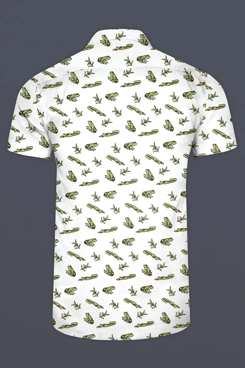 Bright White With Sage Green Frogs And Crocodiles Printed Poplin Cotton Shirt 6