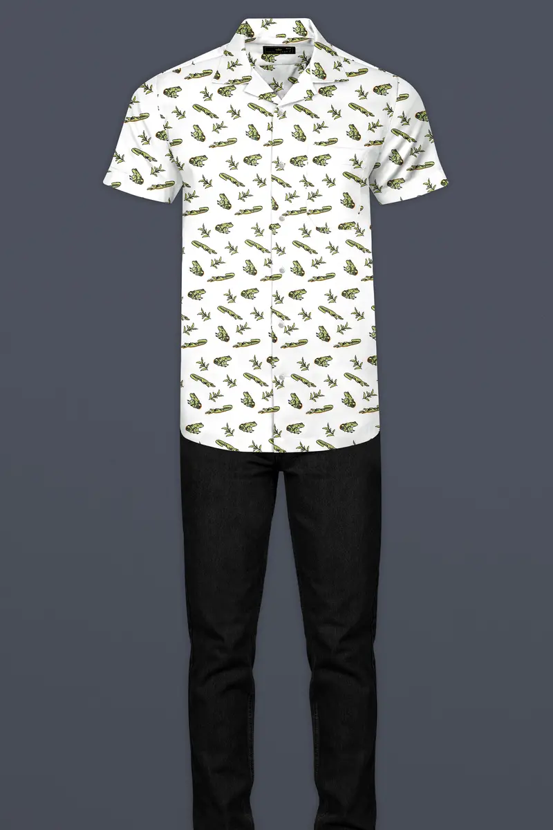 Bright White With Sage Green Frogs And Crocodiles Printed Poplin Cotton Shirt 7