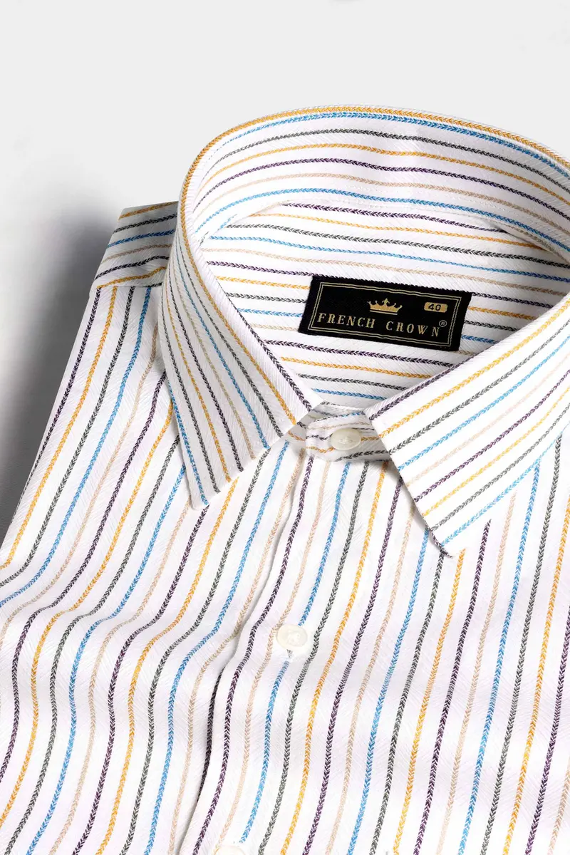 Bright White With Salmon Brown Multicolour Striped Dobby Textured Premium Giza Cotton Shirt 1