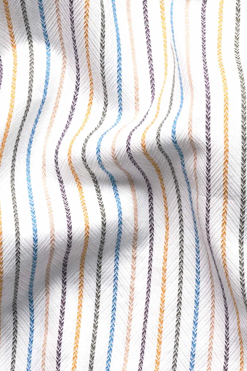 Bright White With Salmon Brown Multicolour Striped Dobby Textured Premium Giza Cotton Shirt 2