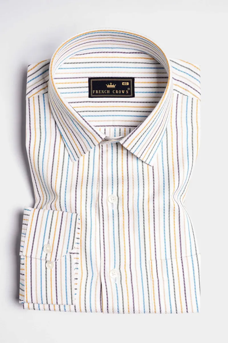 Bright White With Salmon Brown Multicolour Striped Dobby Textured Premium Giza Cotton Shirt 3