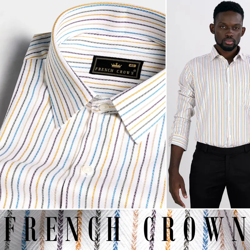 Bright White With Salmon Brown Multicolour Striped Dobby Textured Premium Giza Cotton Shirt 4