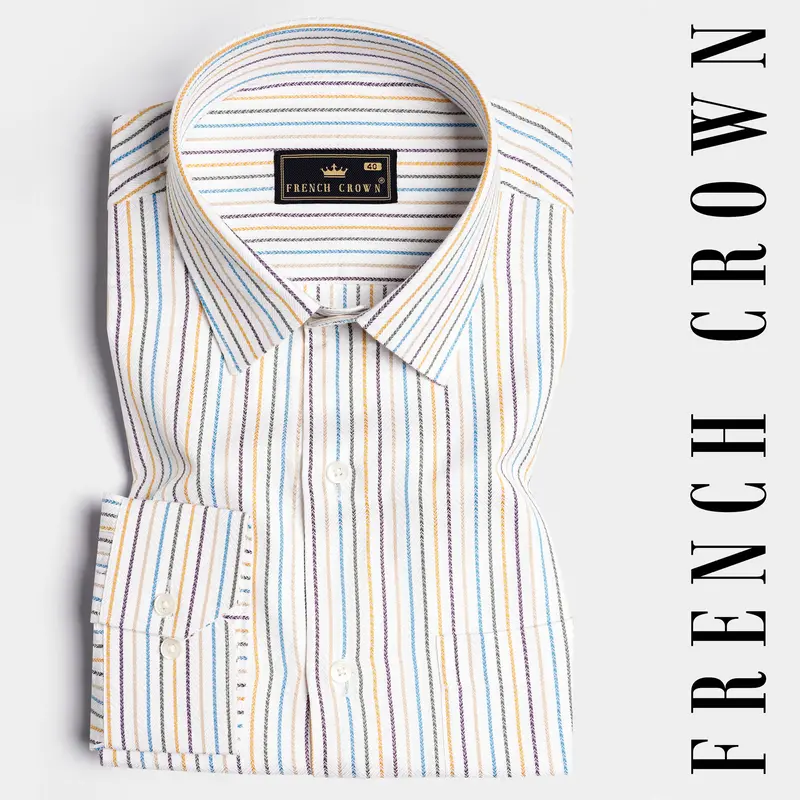 Bright White With Salmon Brown Multicolour Striped Dobby Textured Premium Giza Cotton Shirt 7
