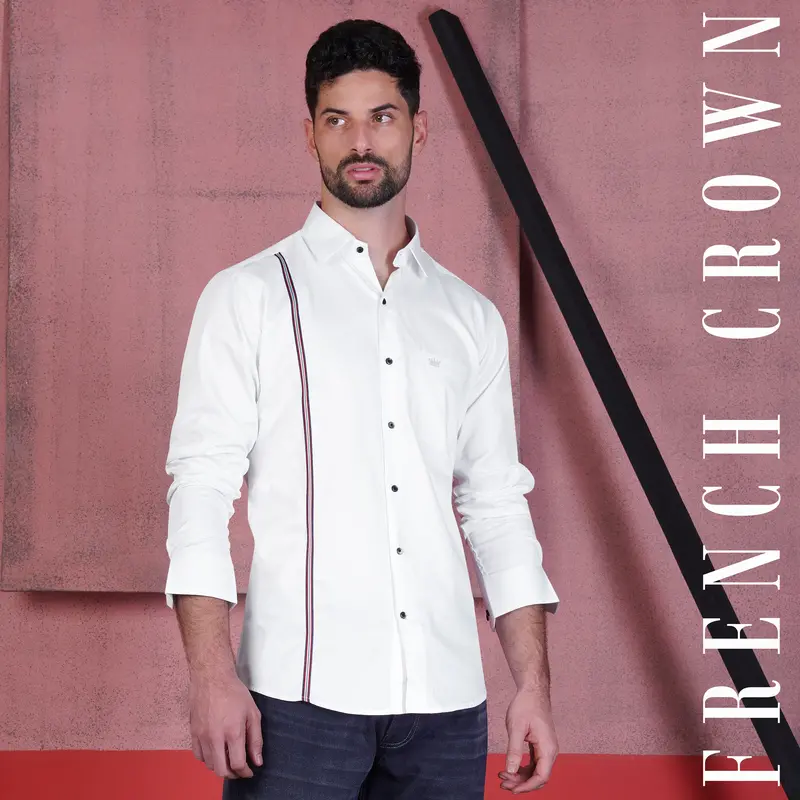 Bright White With Salomie And Black Subtle Sheen Piping Premium Cotton Shirt 1