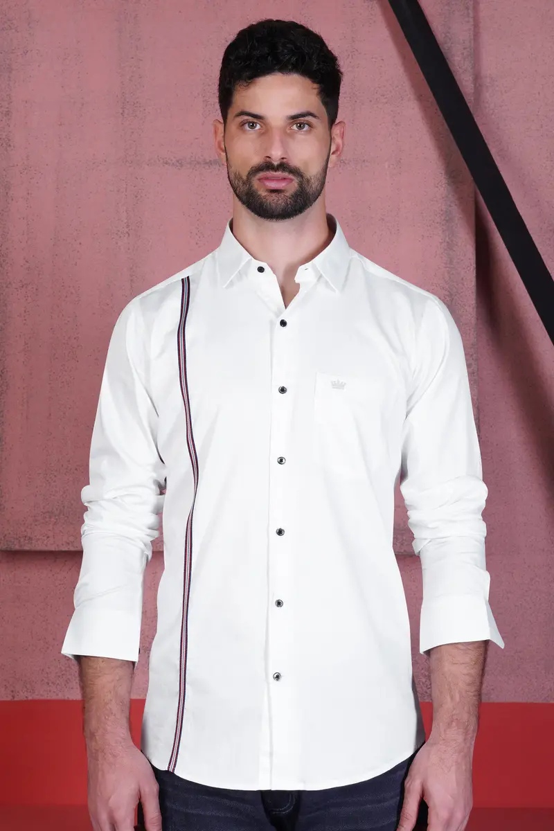 Bright White With Salomie And Black Subtle Sheen Piping Premium Cotton Shirt 2