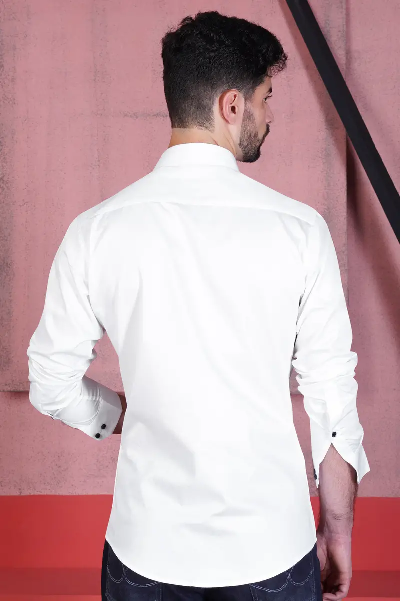 Bright White With Salomie And Black Subtle Sheen Piping Premium Cotton Shirt 8
