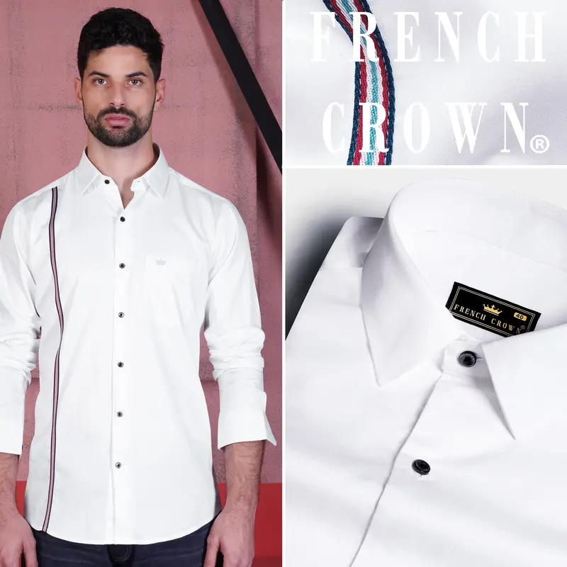 Bright White With Salomie And Black Subtle Sheen Piping Premium Cotton Shirt 9