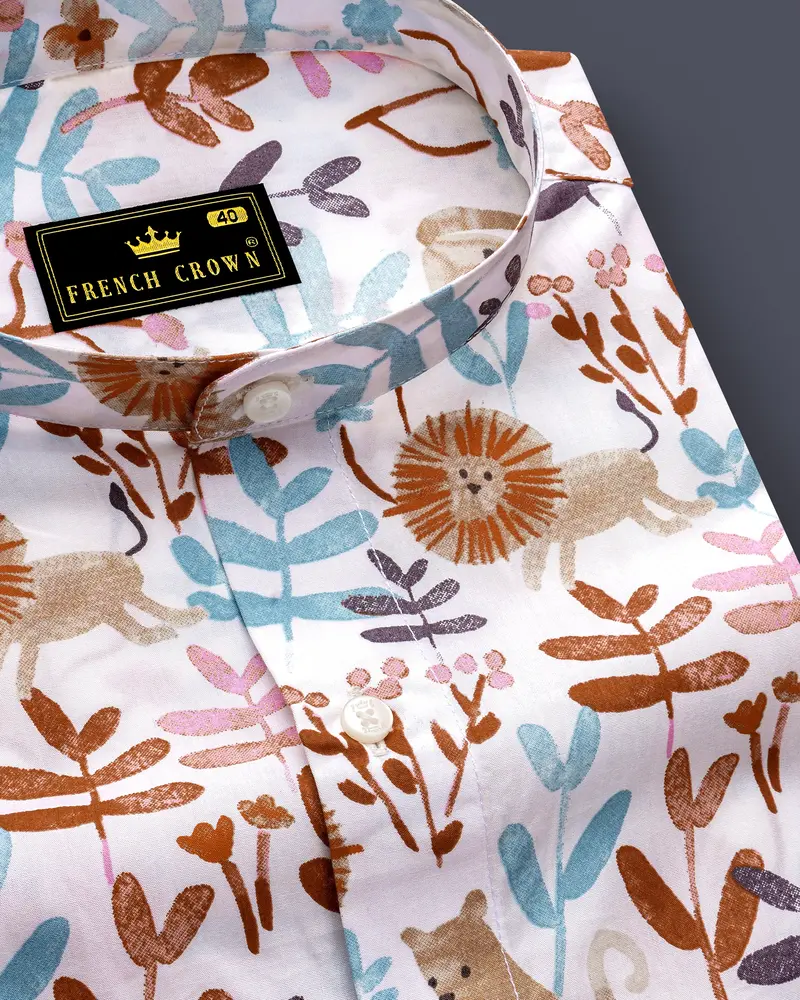 Bright White With Sapling Brown Multicolour Printed Premium Cotton Shirt 1