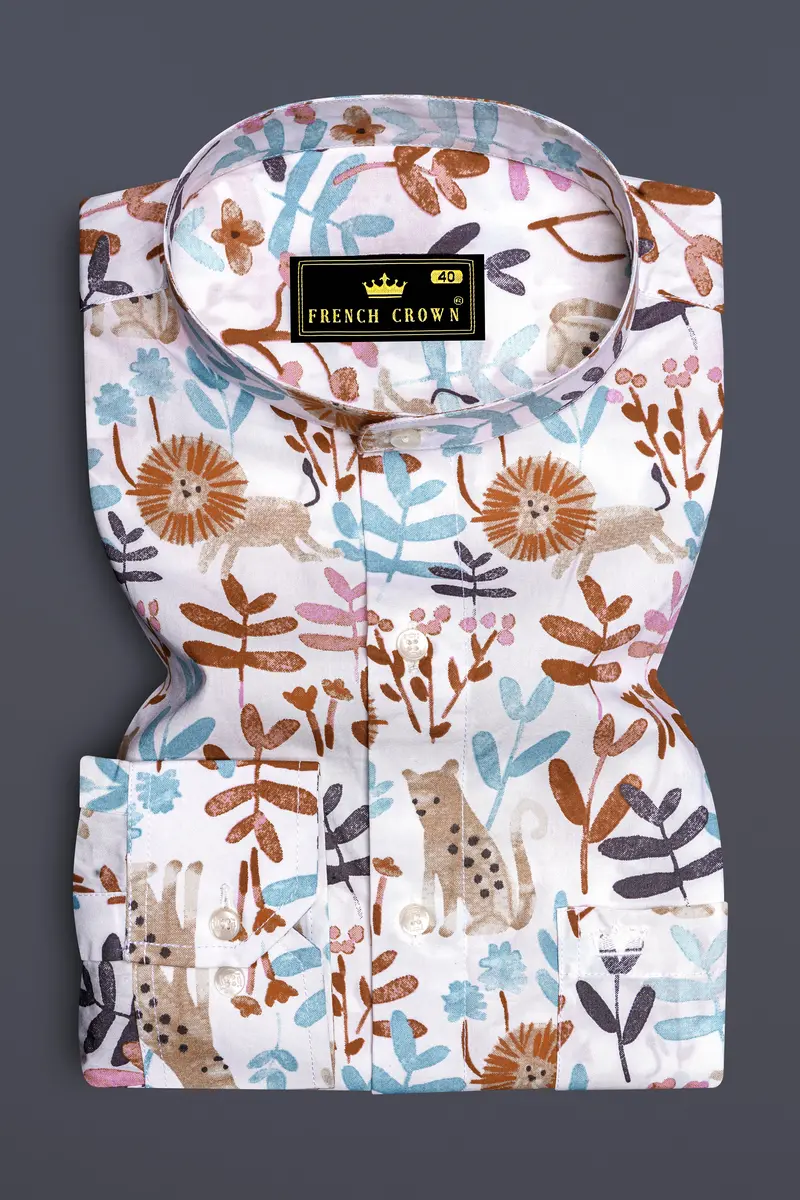 Bright White With Sapling Brown Multicolour Printed Premium Cotton Shirt 4