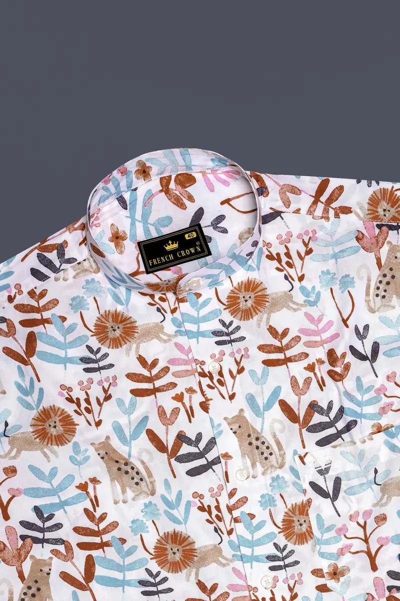 Bright White With Sapling Brown Multicolour Printed Premium Cotton Shirt 5
