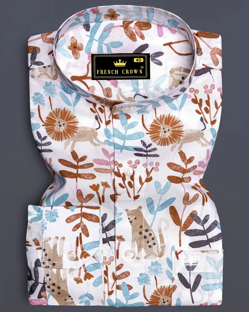 Bright White With Sapling Brown Multicolour Printed Premium Cotton Shirt 6