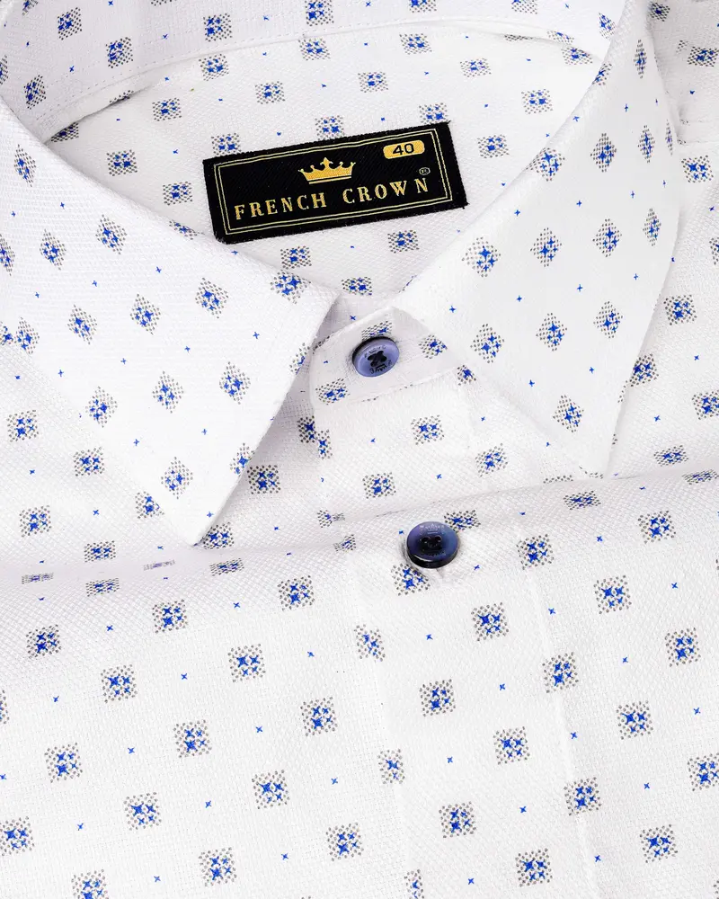 Bright White With Sapphire Blue Dobby Textured Premium Giza Cotton Shirt 1