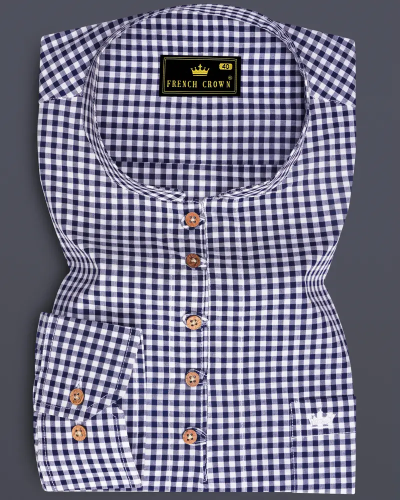 Bright White With Sapphire Blue Gingham Premium Cotton Kurta Shirt 1