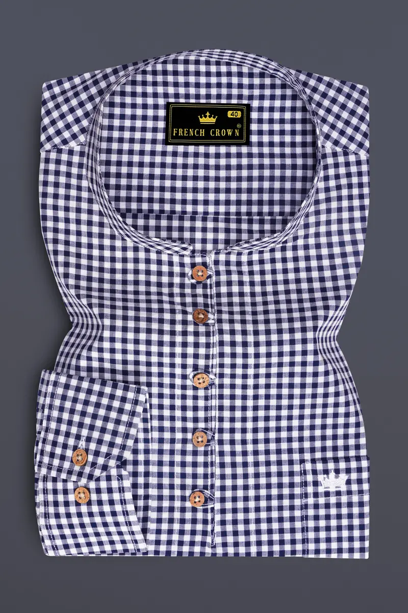 Bright White With Sapphire Blue Gingham Premium Cotton Kurta Shirt 2