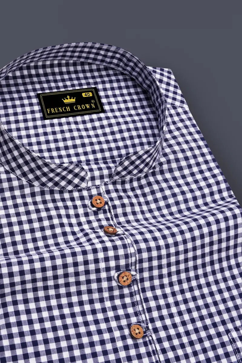Bright White With Sapphire Blue Gingham Premium Cotton Kurta Shirt 4