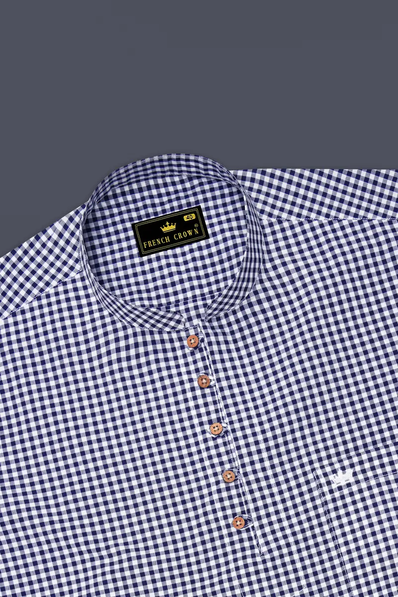Bright White With Sapphire Blue Gingham Premium Cotton Kurta Shirt 5