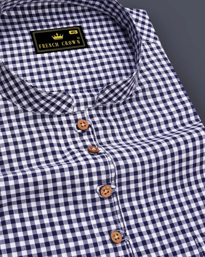 Bright White With Sapphire Blue Gingham Premium Cotton Kurta Shirt 6