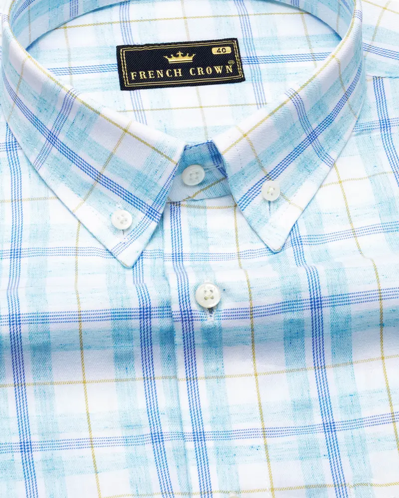 Bright White With Sapphire Blue Plaid Premium Cotton Shirt 1