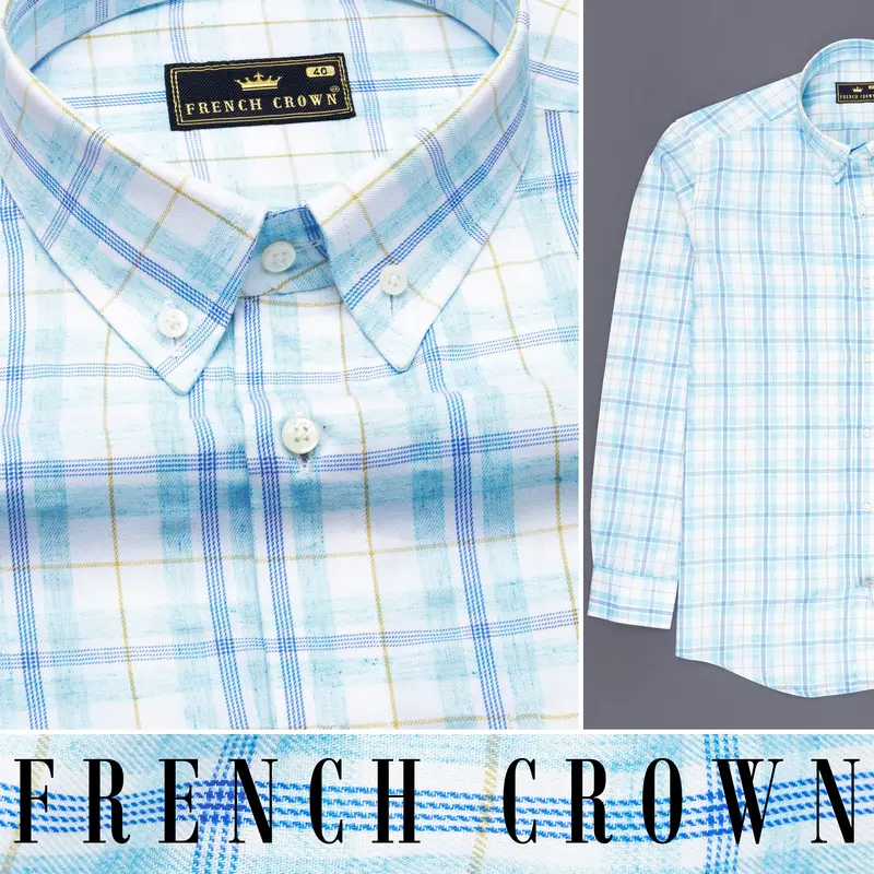 Bright White With Sapphire Blue Plaid Premium Cotton Shirt 10