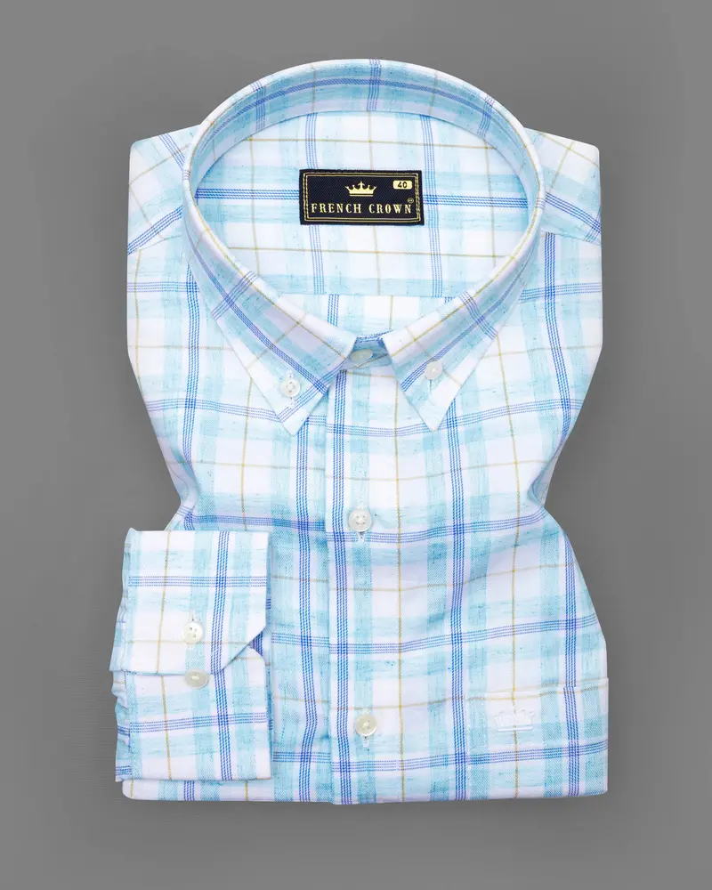 Bright White With Sapphire Blue Plaid Premium Cotton Shirt 3