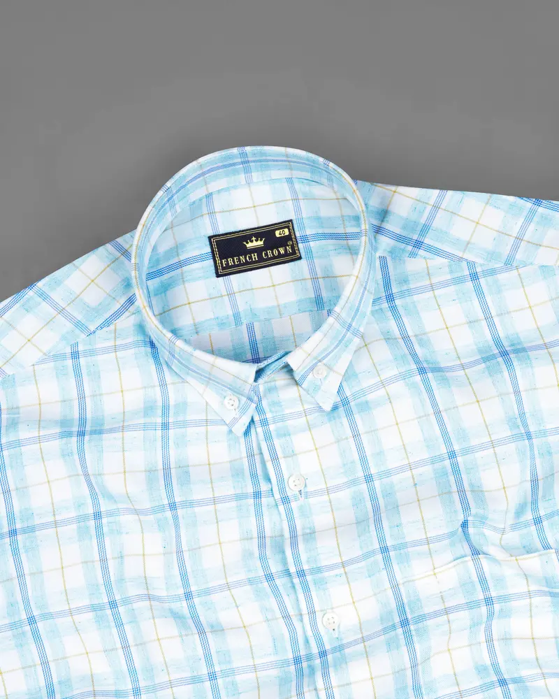 Bright White With Sapphire Blue Plaid Premium Cotton Shirt 4