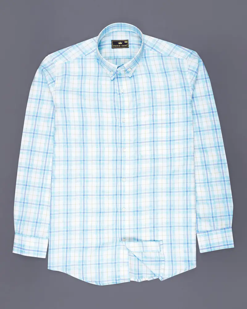 Bright White With Sapphire Blue Plaid Premium Cotton Shirt 5