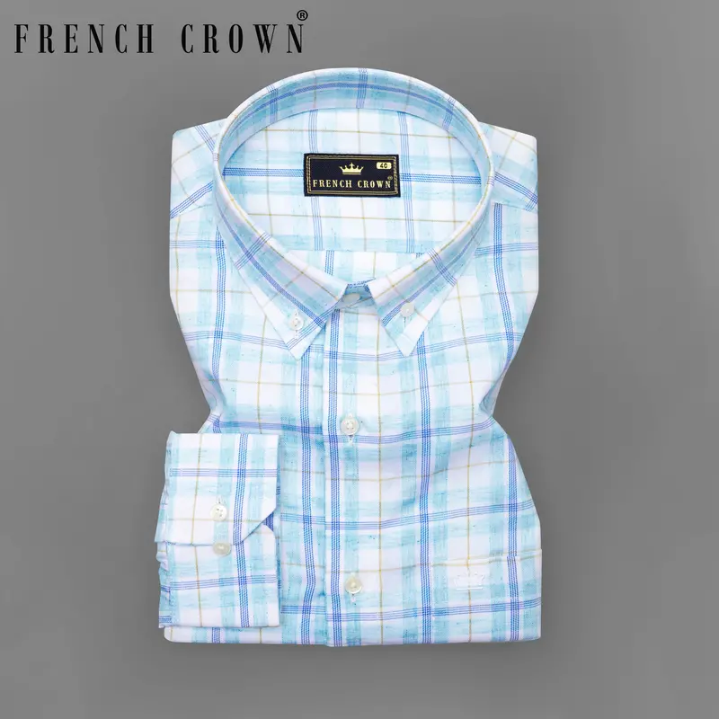 Bright White With Sapphire Blue Plaid Premium Cotton Shirt 7