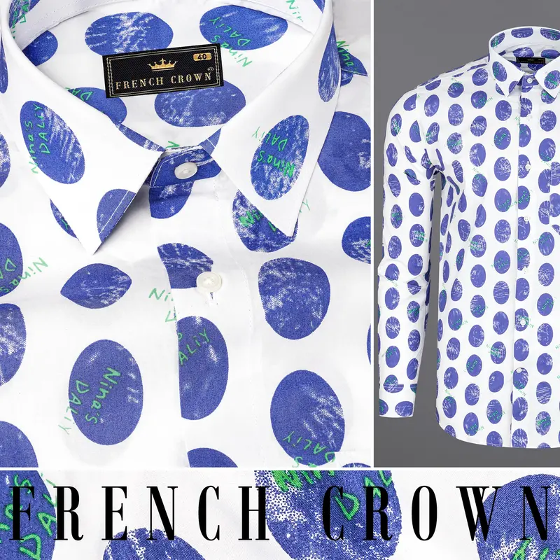 Bright White With Scampi Blue Polka Dots Premium Cotton Shirt 11