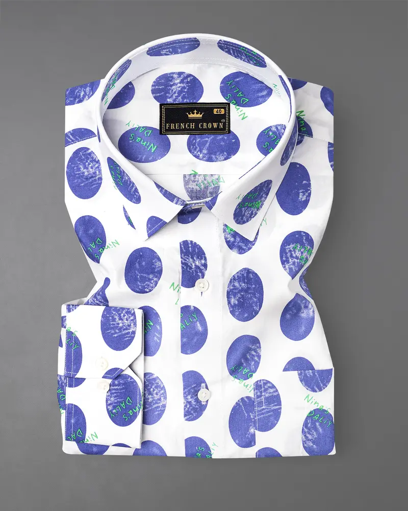 Bright White With Scampi Blue Polka Dots Premium Cotton Shirt 4