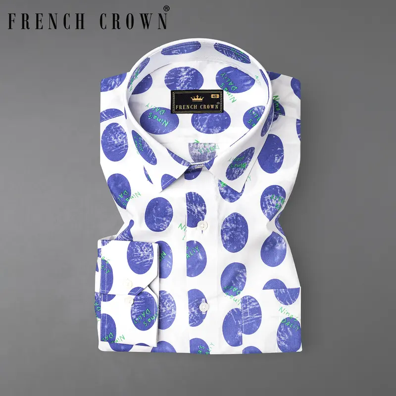 Bright White With Scampi Blue Polka Dots Premium Cotton Shirt 7
