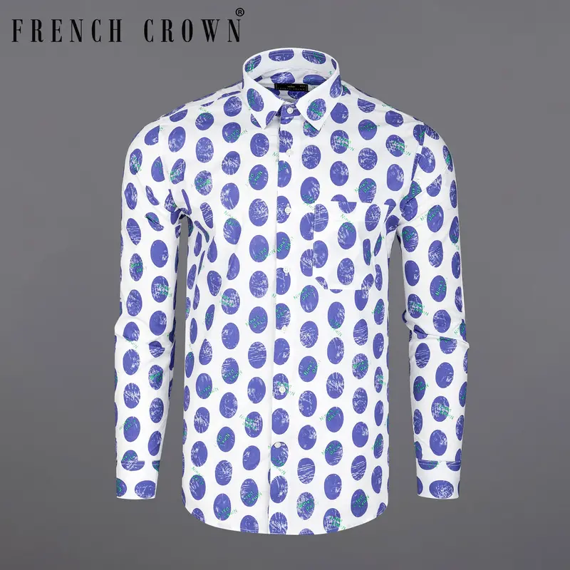 Bright White With Scampi Blue Polka Dots Premium Cotton Shirt 8