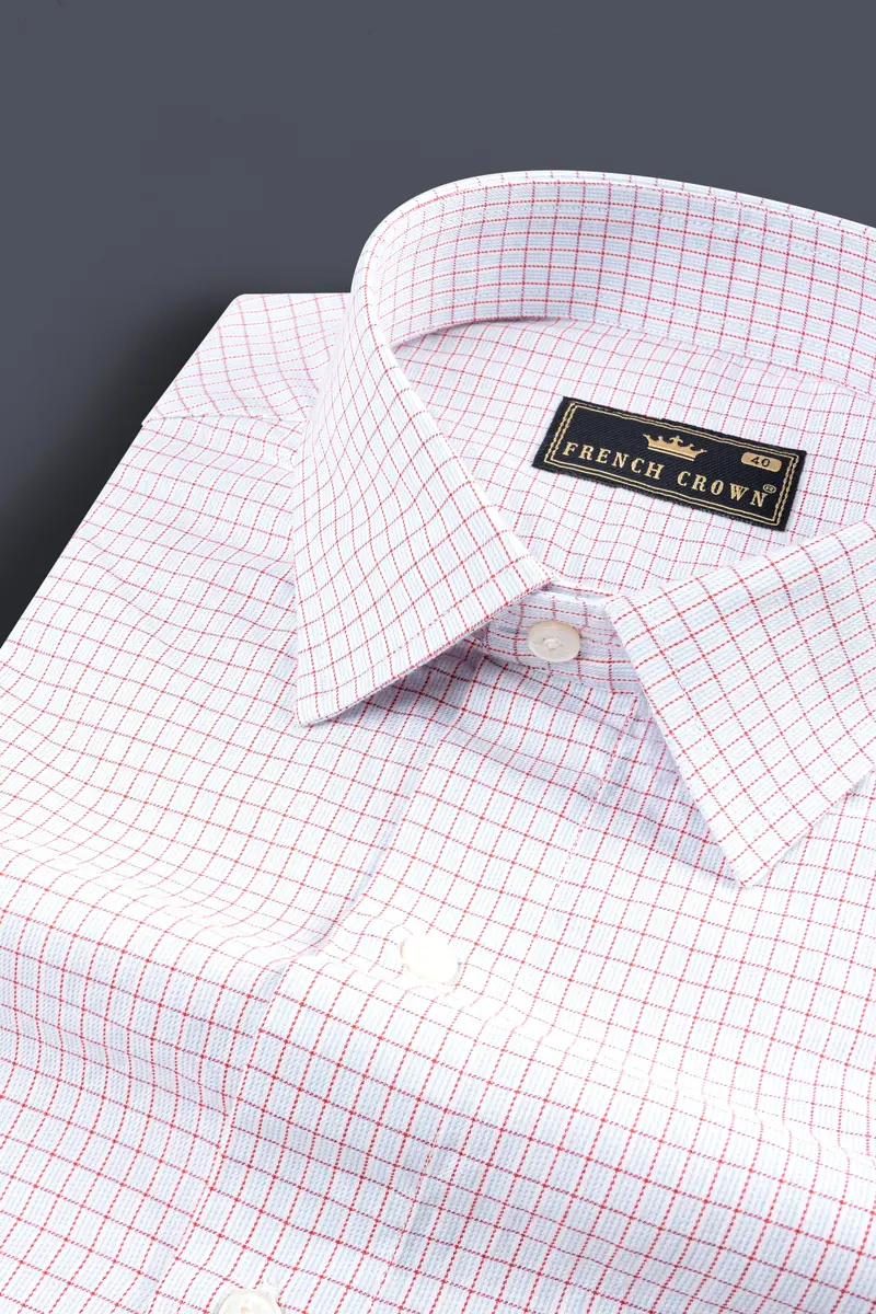 Bright White With Scarlet Red Checkered Dobby Textured Premium Giza Cotton Shirt 1