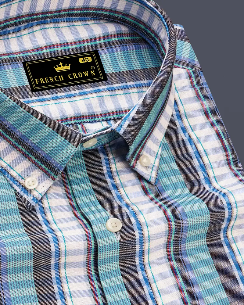 Bright White With Seagull Blue And Shuttle Gray Twill Striped Premium Cotton Shirt 1