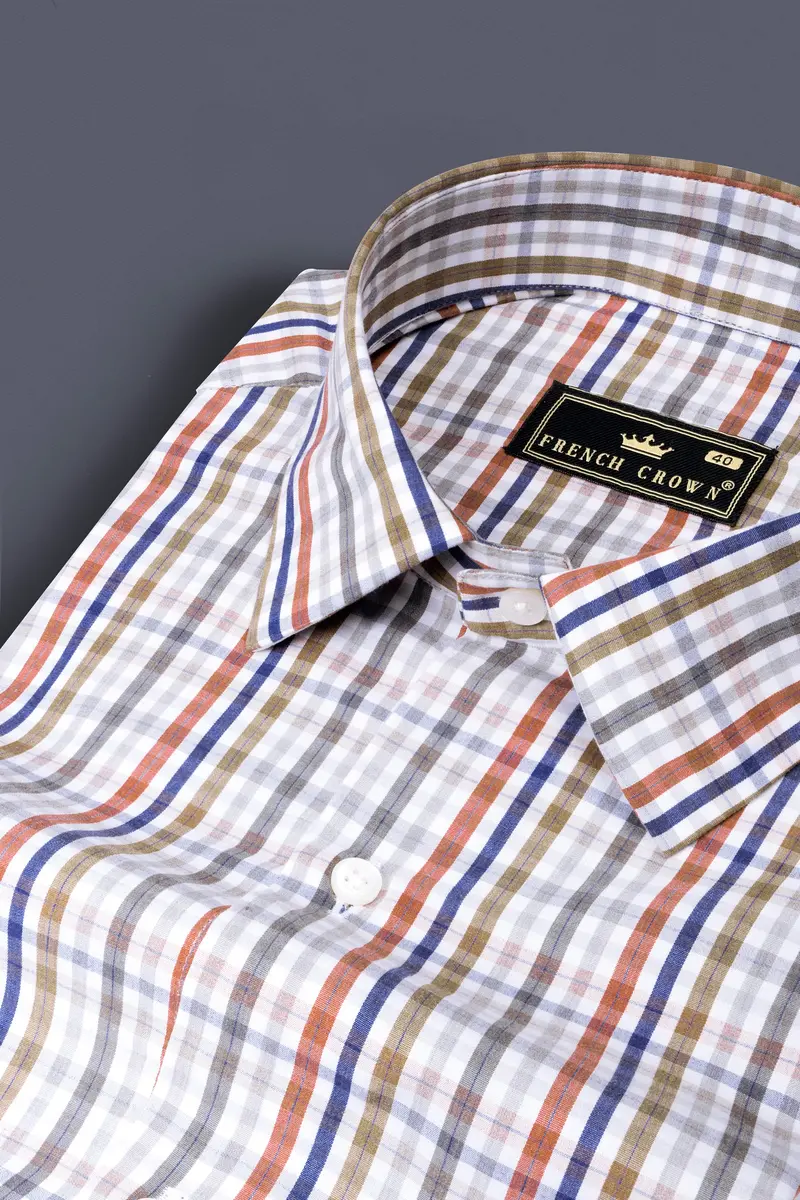 Bright White With Sepia Brown And Rhino Blue Checkered Poplin Giza Cotton Shirt 1