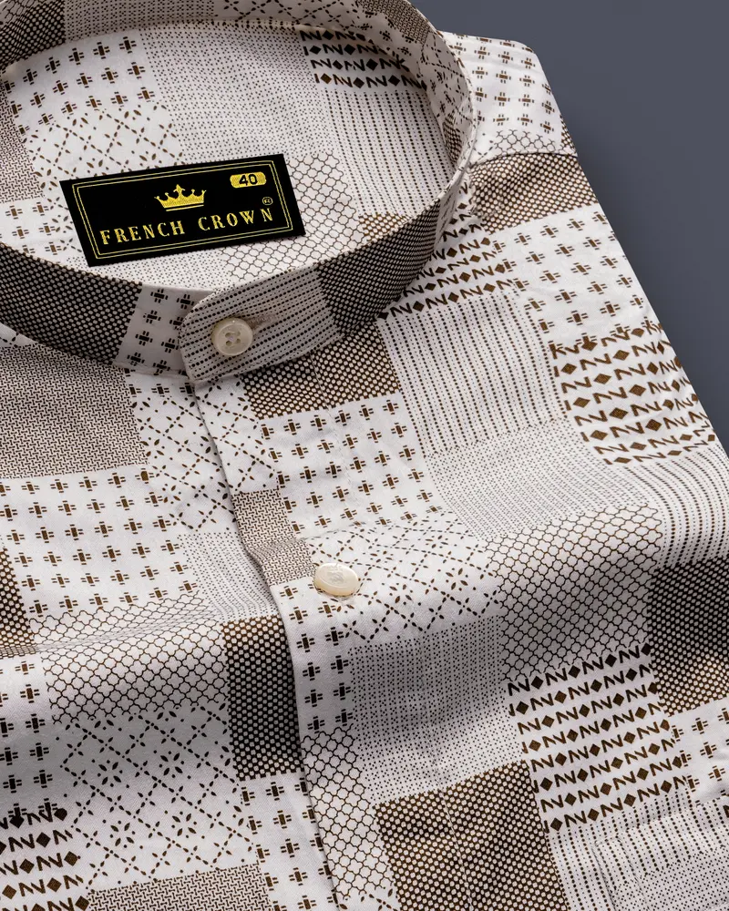 Bright White With Sepia Brown Square Printed Super Soft Premium Cotton Shirt 1