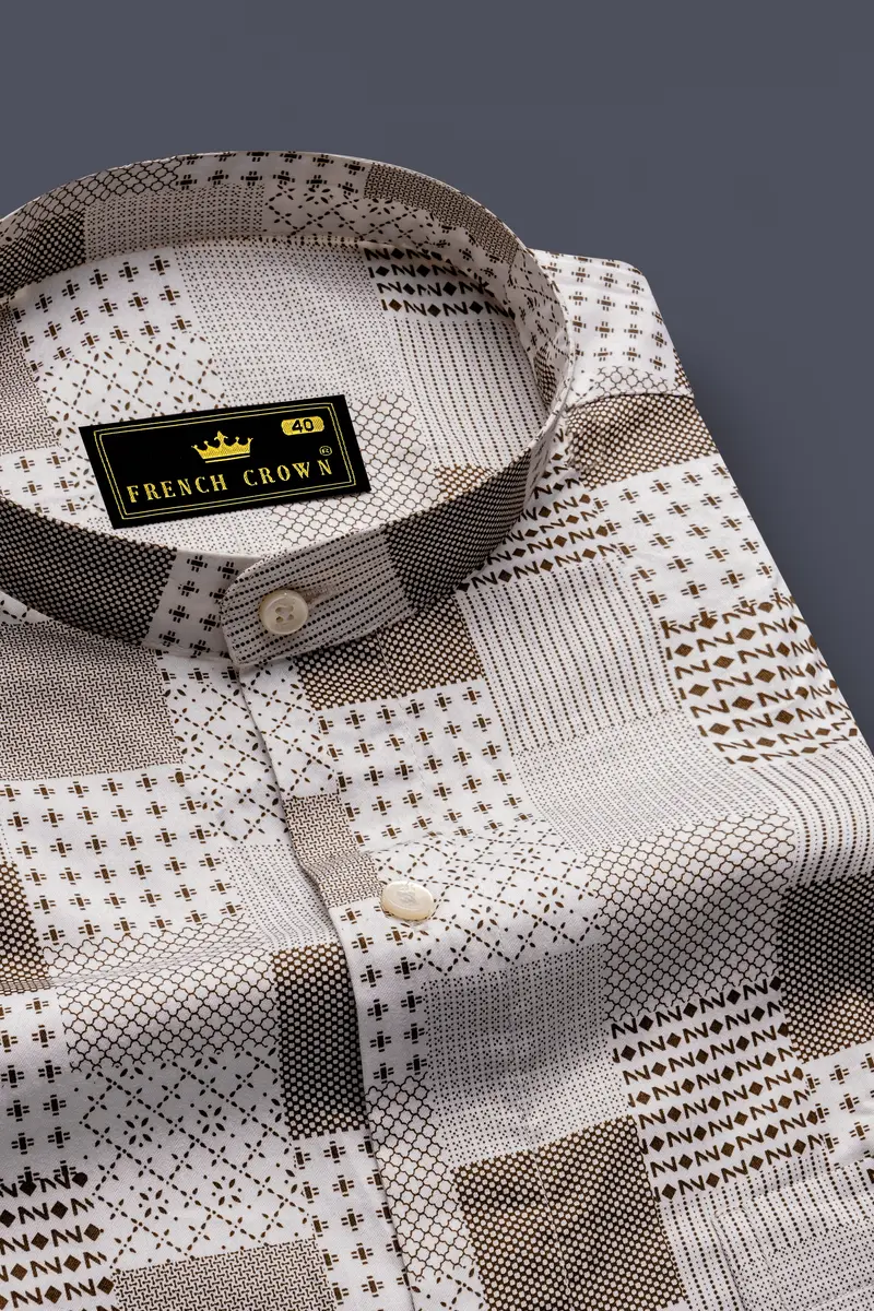 Bright White With Sepia Brown Square Printed Super Soft Premium Cotton Shirt 2